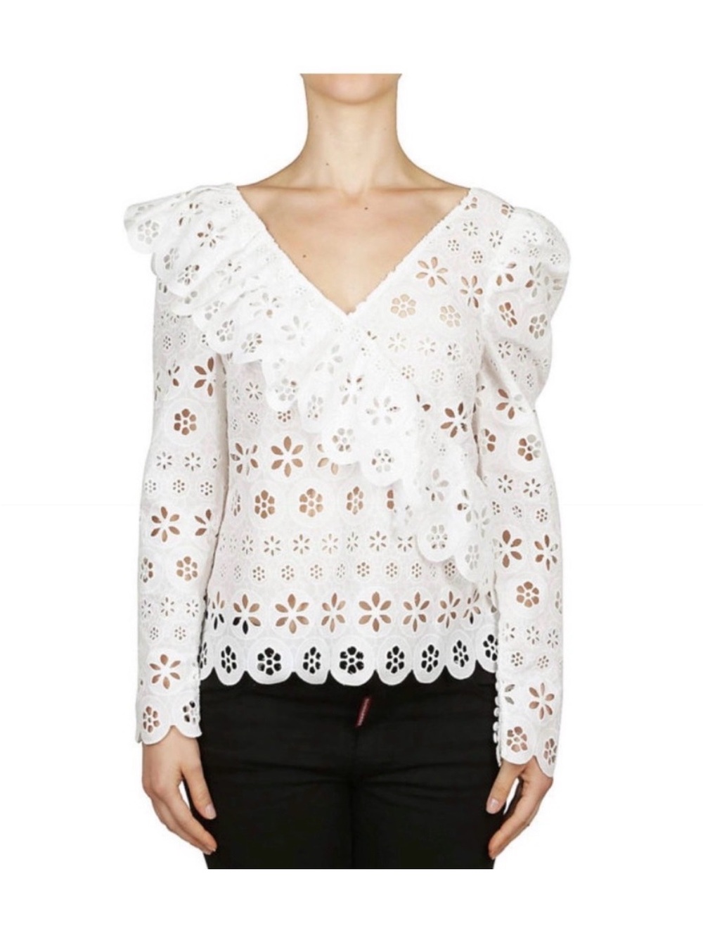 Self-Portrait White Floral Frill Eyelet Ruffle Lace Top Blouse US 6